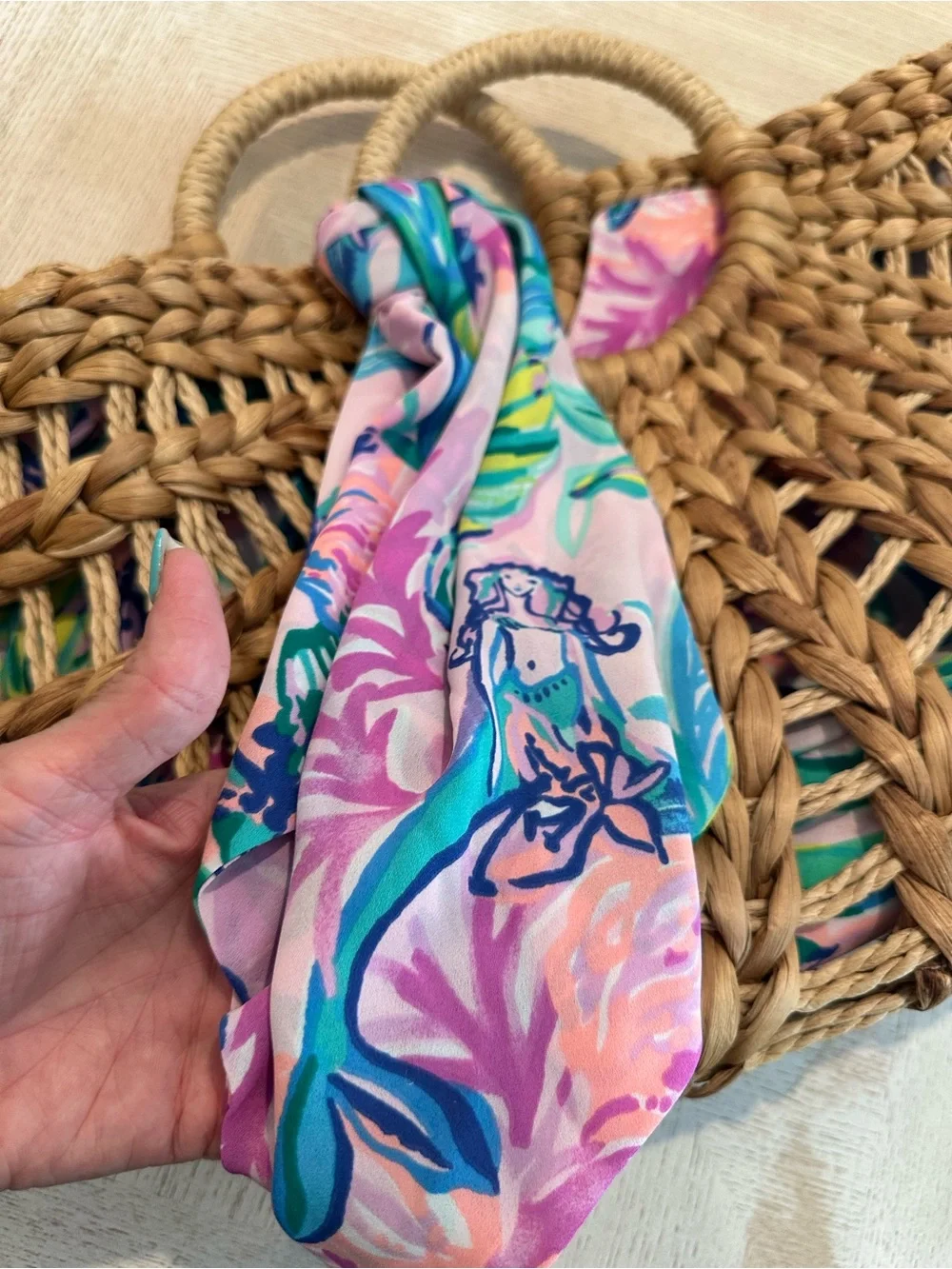 Lilly Pulitzer Straw Tote with Pink & Teal Floral Scarf